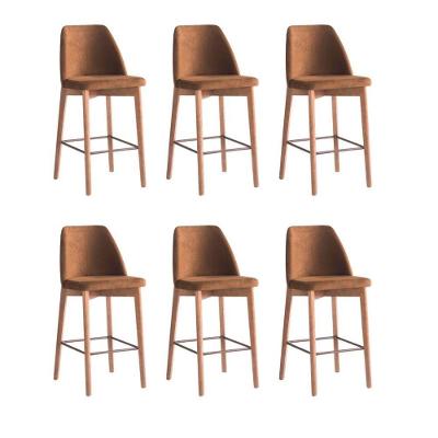 Kit 6 Banquetas Berlim Assento em Tecido Base Fixa com Apoio para Pés Marrom para Cozinha