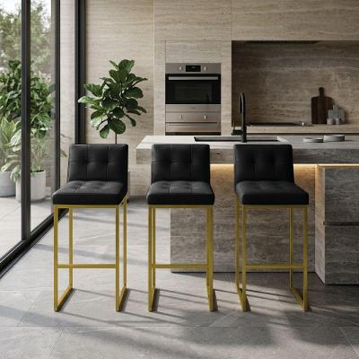 Kit 3 Banquetas Lirina PU Base Fixa com Encosto Industrial Preto e Dourado D'Rossi