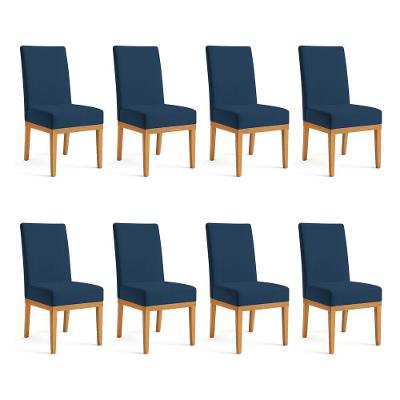 Kit 8 Cadeiras De Jantar Brisa Veludo Base De Madeira - Pallazio Cor Azul Marinho