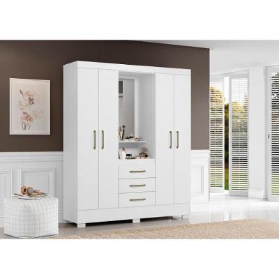 Roupeiro Casal Paris 4 Portas Bater 3 Gavetas MDF com Espelho Branco Aramóveis 163CM