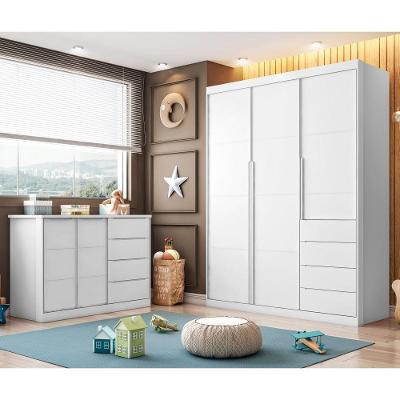 Conjunto Infantil Guarda Roupa e Cômoda Jade 3 Portas Giratória 4 Gavetas MDF Branco SAL Movelaria