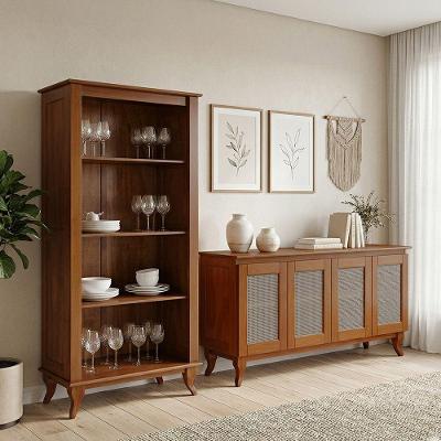 Kit Cristaleira Luiz Xv Aberta e Buffet Aparador Deltan 4 Portas Madeira Rattan Marrom