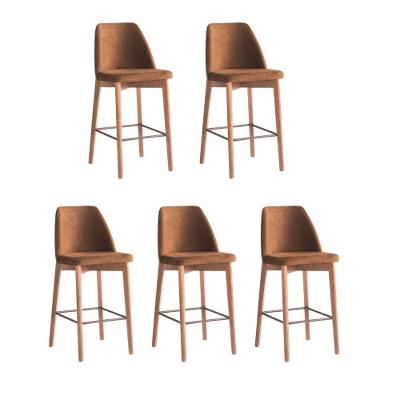 Kit 5 Banquetas Berlim Assento em Tecido Base Fixa com Apoio para Pés Marrom para Cozinha