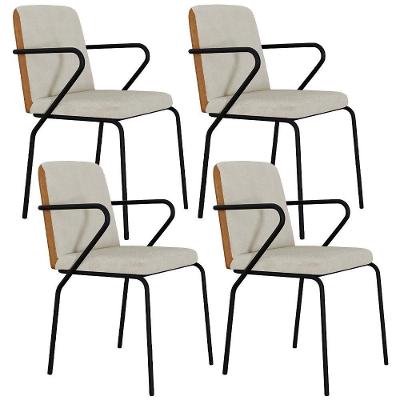 Kit 04 Cadeiras Estofada Sala Jantar Com Braço Loft Preto Bouclê Vanilla Courino Caramelo Lyam Decor