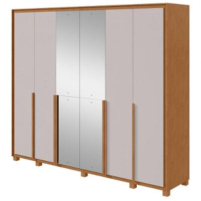 Guarda Roupa Casal Imperatore 6 Portas de Bater 6 Gavetas MDF com Espelhos Amendoa Clean-off White