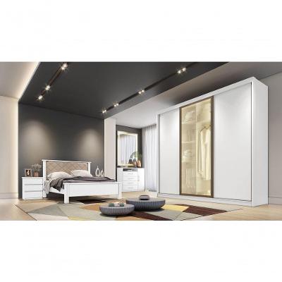 Guarda Roupa Casal Diamond Glass 3 Portas de Bater 4 Gavetas MDF com Espelho Branco Móveis Novo