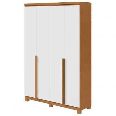 Guarda Roupa Solteiro e Closet Alonzo 4 Portas de Bater 2 Gavetas MDF Laqueado Amendoa Clean-branco