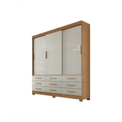Guarda Roupa Solteiro Buriti 3 Portas de Correr 9 Gavetas MDP Cumaru-fendi Móveis Novo Horizonte