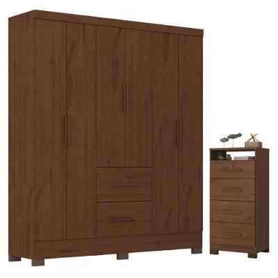 Guarda Roupa Casal e Cômoda Primordial Max 6 Portas de Bater 4 Gavetas MDP Jacarandá Fosco Zanzini