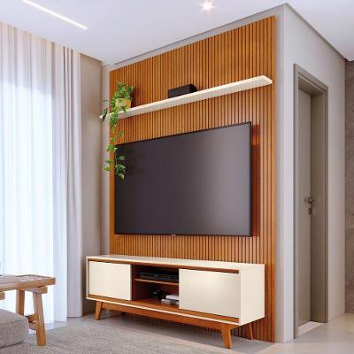Kit Painel Piso-teto Milo 65" 180CM MDP com Portas de Correr Cinamomo e Off White Pallazio