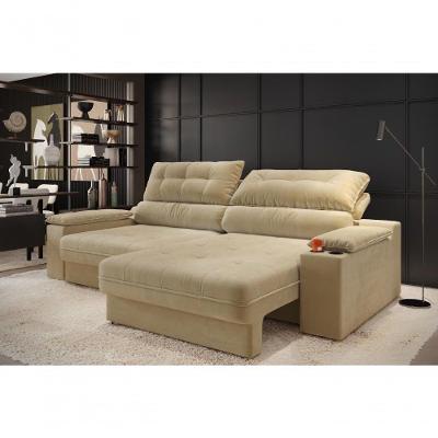 Sofá com Chaise Serena 4 Lugares Retrátil e Reclinável 233CM Bege Cia Lar