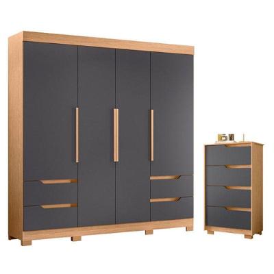 Guarda Roupa Solteiro e Cômoda Vivacce 4 Portas 4 Gavetas MDP Freijó Titanium Albatroz Móveis 120CM