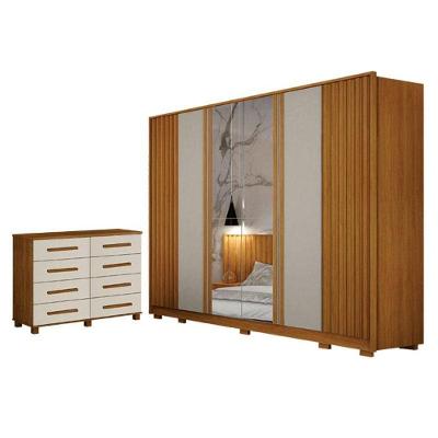 Guarda Roupa Casal Evo 6 Portas de Bater com Espelho 8 Gavetas MDF MDP Cinamomo Off-white Leifer