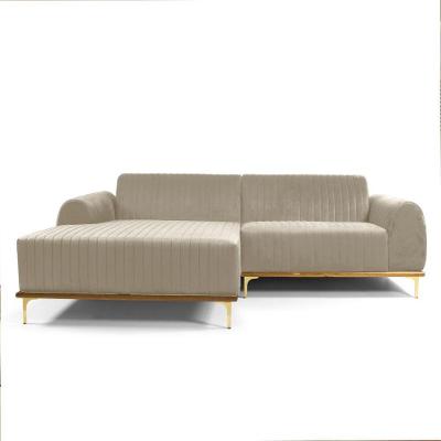 Sofá com Chaise Cocie 3 Lugares Fixo 230CM Bege Veludo Sallar Home