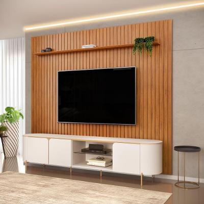 Painel para TV com Bancada Trento Ripado Ariana 75" 275CM 100% MDF com Portas Giratórias Off White