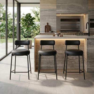 Banqueta Alta Londres Assento PU Base Aço Encosto Fixo 75cm Preto Kit 3 D'Rossi