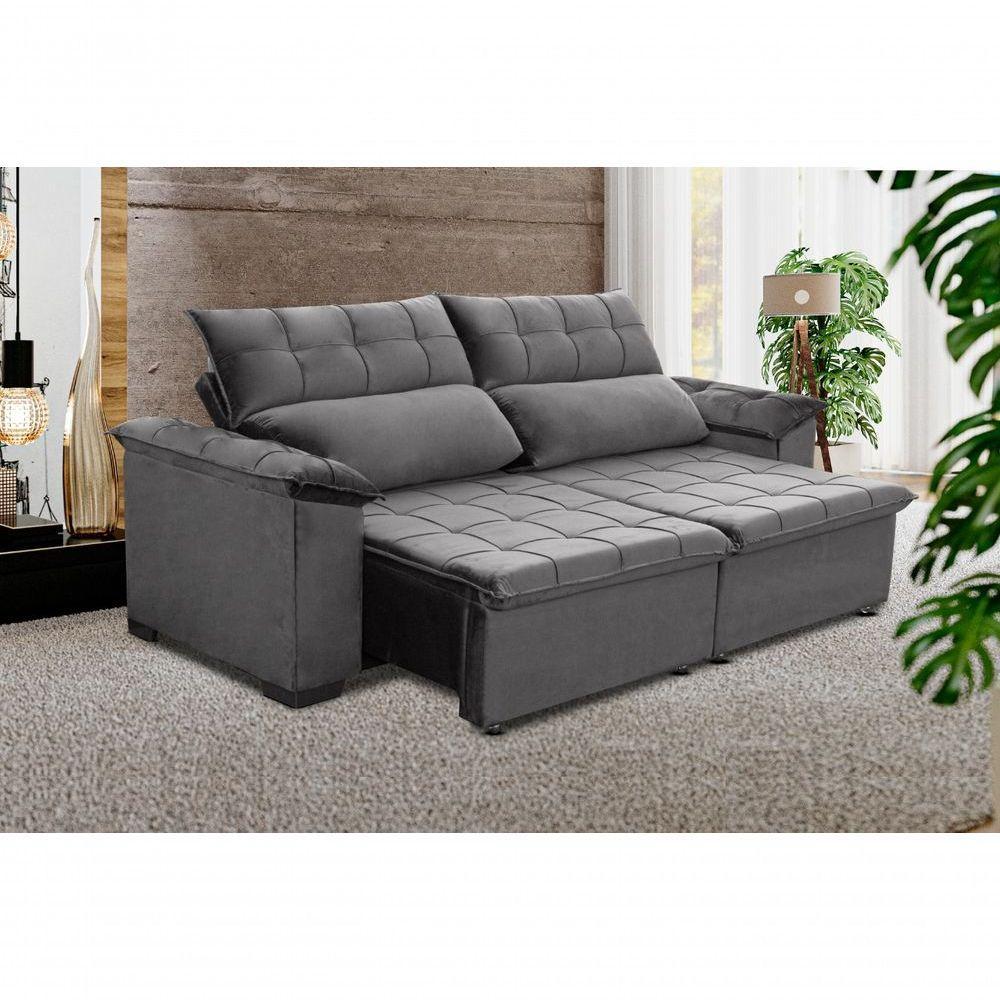 Sofá Retrátil E Reclinável 230cm Cristal Veludo Cinza Grafit - 1