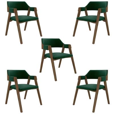 Kit 5 Cadeiras Poker G42 Madeira Maciça Veludo Verde Nogueira Gran Belo