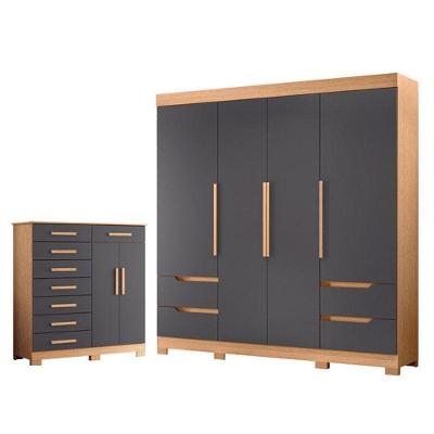 Guarda Roupa Solteiro e Cômoda Vivacce 4 Portas de Bater 4 Gavetas MDP Verona 8 Gavetas Freijó