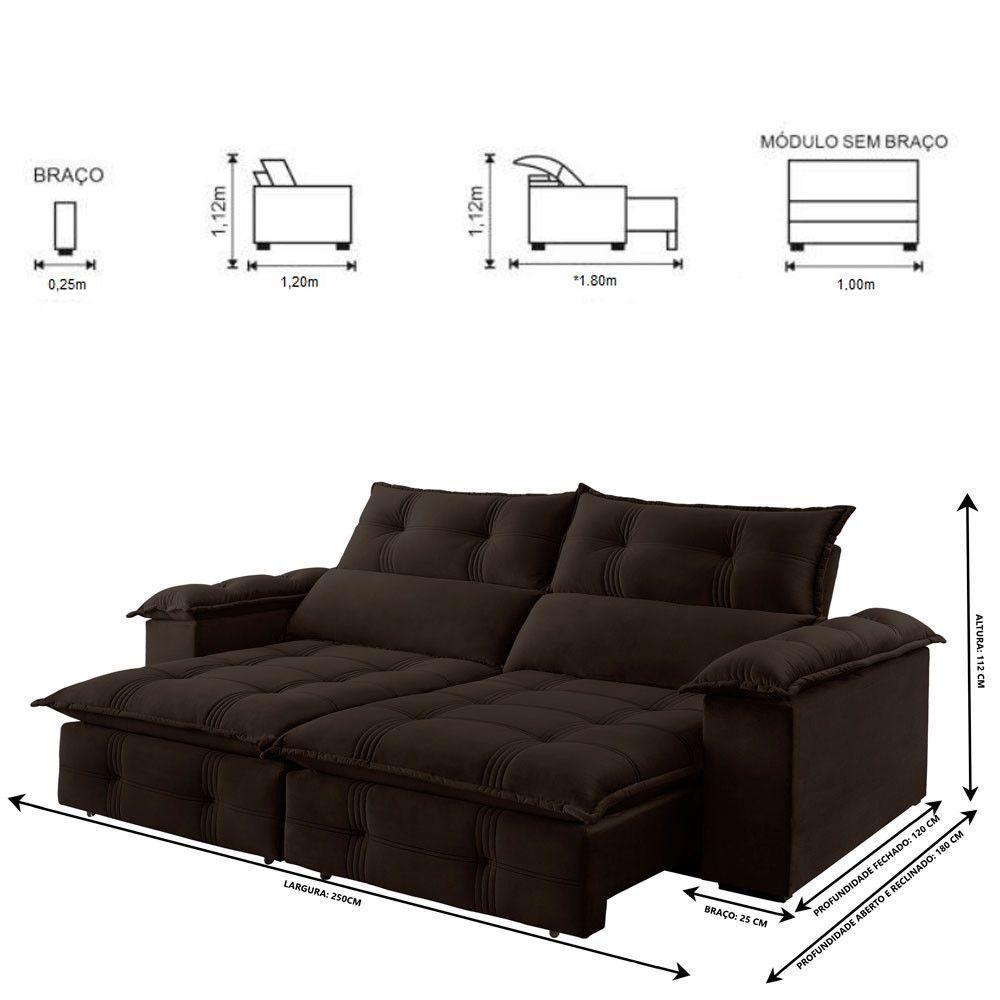 Sofá Retrátil E Reclinável 2,50m 4 Lugares Marrom - 7