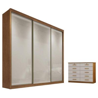 Guarda Roupa Casal Londres 3 Portas 4 Gavetas Cumaru 25 Fendi com Cômoda Gaveteiro