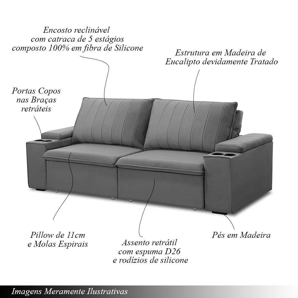 Sofá Retrátil E Reclinável 2 Lugares 205cm Kent Porta Copos No Braço Veludo Cinza G22 - Gran Belo - 4
