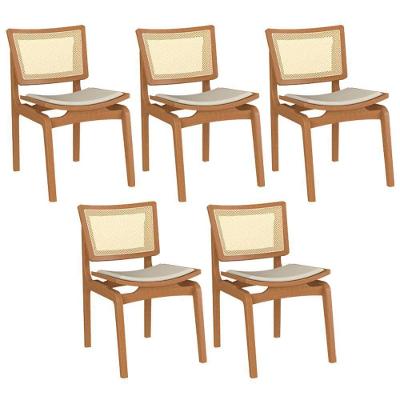 Kit 5 Cadeiras Decorativas Ravi Madeira Champagne Linho Bege para Sala de Jantar Gran Belo