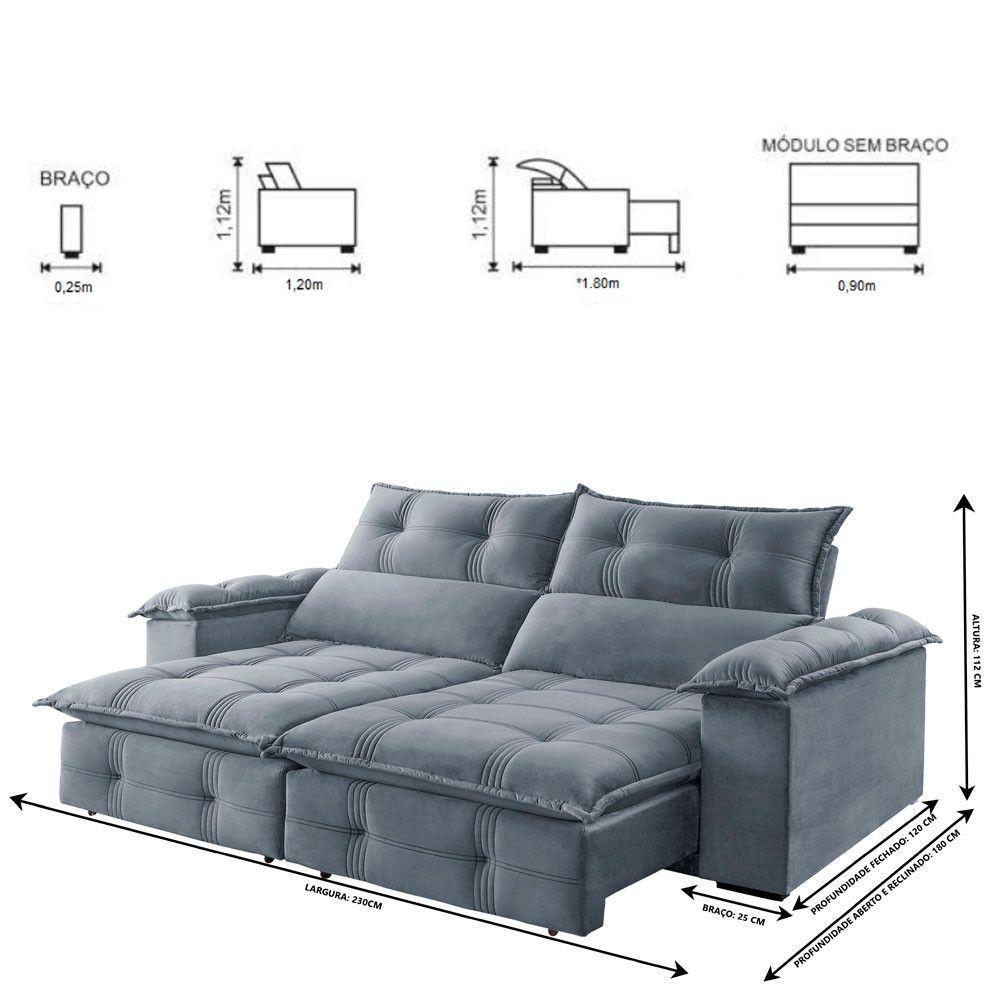Sofá Retrátil E Reclinável 2,30m 4 Lugares Prata - 7