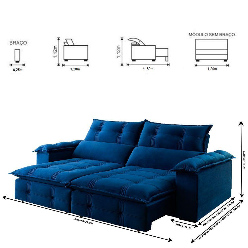 Sofá Retrátil E Reclinável 2,90m 5 Lugares Azul - 7