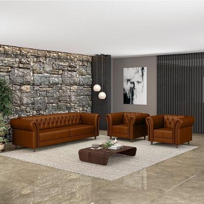 Conjunto Stanford Chesterfield 3 Lugares 200cm Couro Caramelo para Sala de Estar Gran Belo