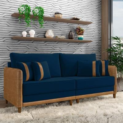 Sofá Montecarlo 2 Lugares Bipartido 192cm Azul e Caramelo em Veludo Pu Gran Belo