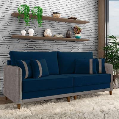 Sofá Montecarlo 2 Lugares 212cm Azul e Cinza Veludo Pu Gran Belo