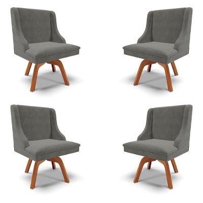 Kit 4 Cadeiras Decorativas Sala De Jantar Base Giratória De Madeira Firenze Suede Grafite/natural G19 - Gran Belo