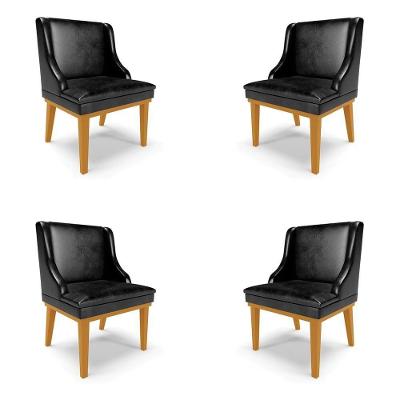 Kit 4 Cadeiras Decorativas Sala De Jantar Base Fixa De Madeira Firenze Pu Preto Brilho/castanho G19 - Gran Belo