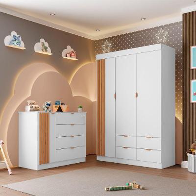 Conjunto Infantil Guarda Roupa Liz 3 Portas Giratórias 4 Gavetas MDF Branco Semi Brilho-freijo