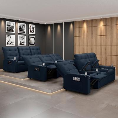 Sofá Movie 3 Lugares Reclinável 240cm Azul Veludo com Baú e Usb