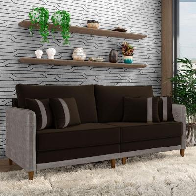 Sofá Montecarlo G33 3 Lugares Bipartido 252cm Marrom e Cinza Veludo Gran Belo