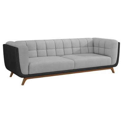 Sofá Coin 3 Lugares 240CM Preto e Cinza Claro Courino e Linho