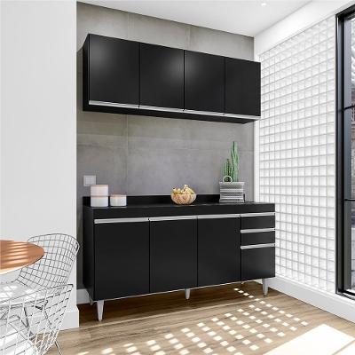 Conjunto Balcão de Cozinha e Aéreo Marcos 8 Portas 2 Gavetas Mdf-mdp Preto Gran Belo