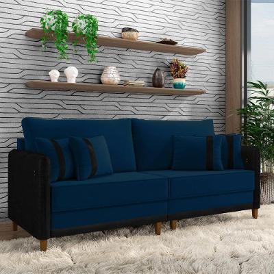 Sofá Living Montecarlo 3 Lugares 252cm Azul Veludo Gran Belo