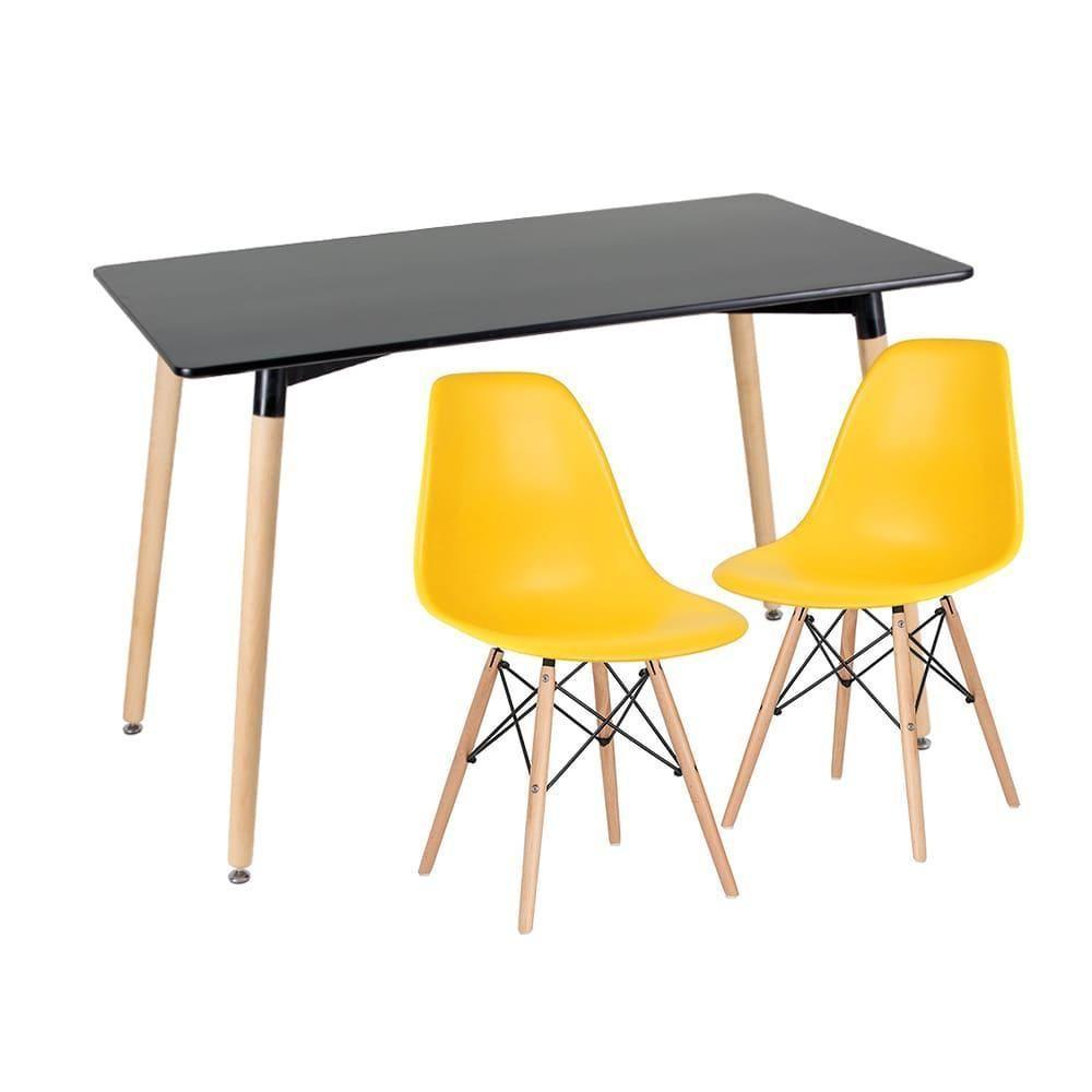 Kit - Mesa De Jantar Retangular Eames 60 X 120 Cm Preto + 2 Cadeiras Eiffel Dsw Amarelo - 1