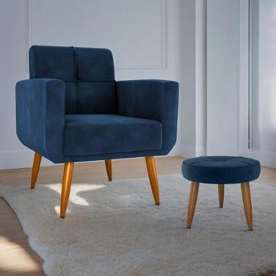 Poltrona e Puff Porto Nobre para Sala Veludo Conforto Azul Matrix