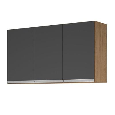 Armário Aéreo 3 Portas 118CM MDF Porta de Bater Amêndoa Grafite Milani Movelaria