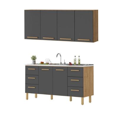 Armário de Cozinha Belém 2 Portas 6 Gavetas MDF-MDP 157CM Amêndoa Milani Movelaria