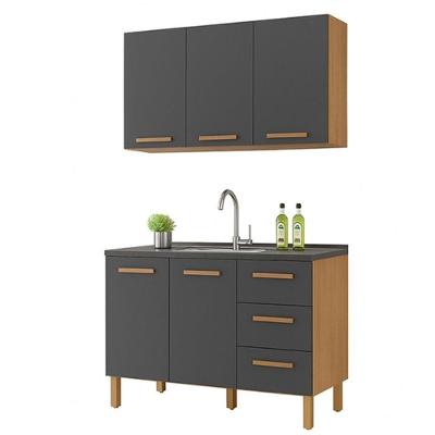 Armário de Cozinha Fortaleza 2 Portas 3 Gavetas MDF-MDP 118CM Amêndoa Grafite Milani Movelaria