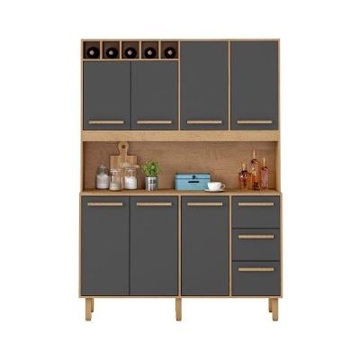 Armário de Cozinha Rafaela 7 Portas 3 Gavetas MDF-MDP 143CM Amêndoa e Grafite Milani