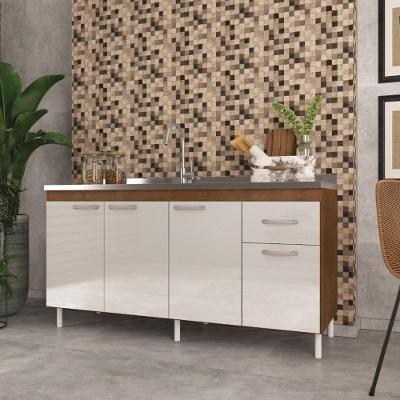 Balcão de Cozinha para Pia Suiça 4 Portas 1 Gaveta 157CM Noce-Off-White Fidelita Móveis