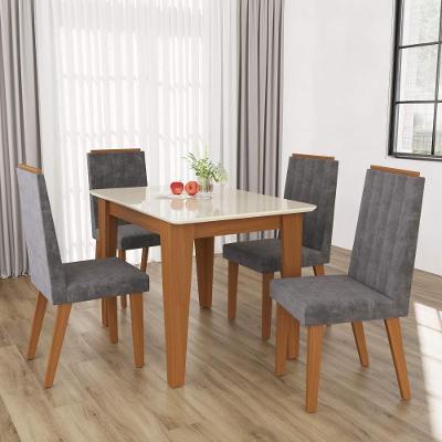 Conjunto Sala de Jantar Génova 4 Lugares Mesa Tampo de Vidro Freijó Off-White Assento Titânio