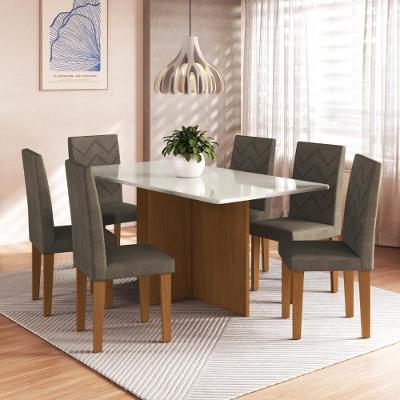 Conjunto Sala de Jantar Itália 6 Lugares Mesa Tampo de Madeira Freijó Off-White Assento Cacau