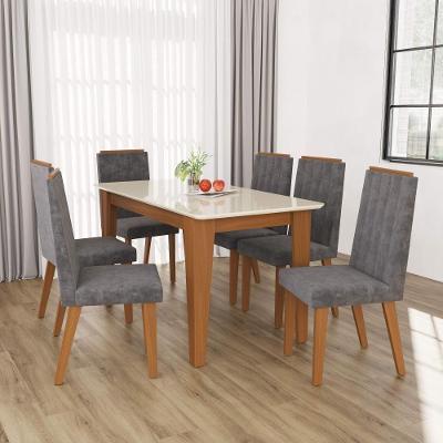 Conjunto Sala de Jantar Génova 6 Lugares Mesa Tampo de Vidro Freijó Off-White Assento Titânio